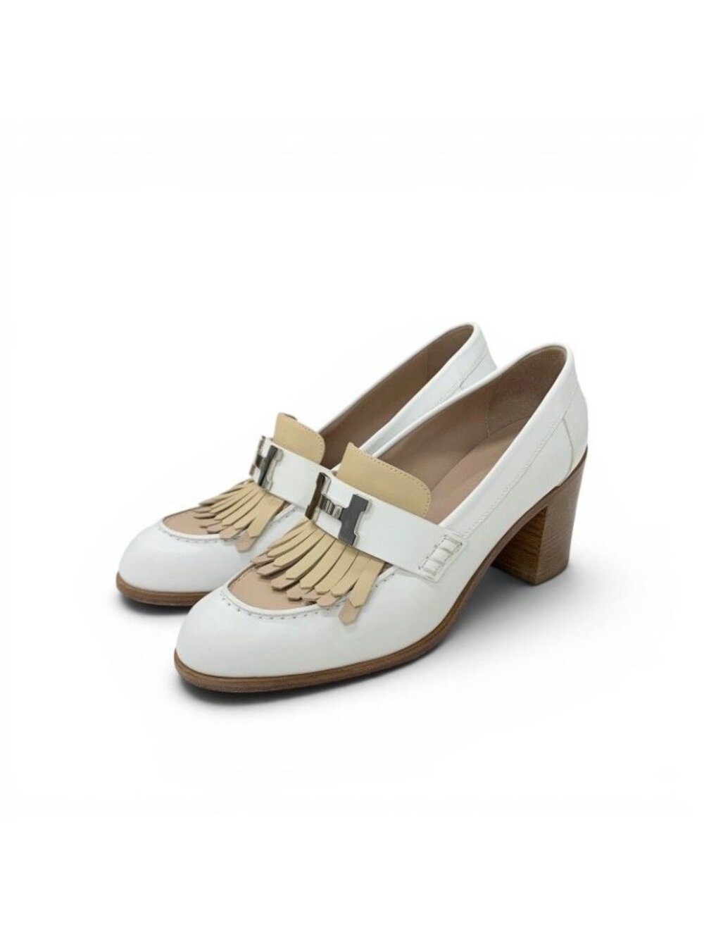 Hermes Elysee Pumps Shoes Leather White Beige Silver H Fringe Heels Loafers